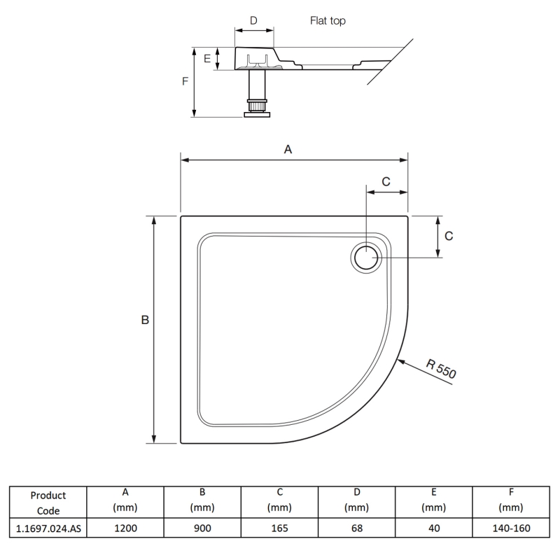Mira Flight Safe Anti-Slip Offset Quadrant Shower Tray 1200mm x 900mm Left Handed (inc Waste)  | Dimension Image