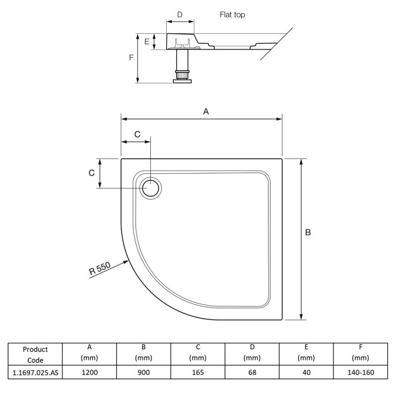 Mira Flight Safe Anti-Slip Offset Quadrant Shower Tray 1200mm x 900mm Right Handed (inc Waste)  | Dimension Image