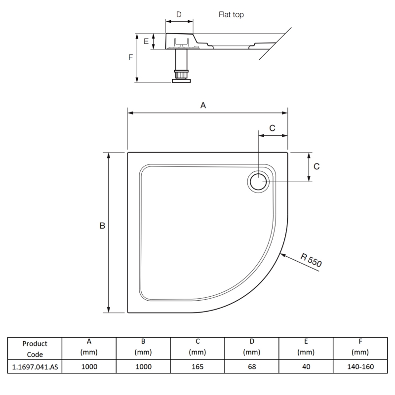 Mira Flight Safe Anti-Slip Quadrant Shower Tray 1000mm x 1000mm (inc Waste)  | Dimension Image