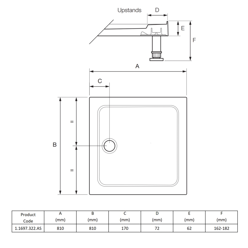 Mira Flight Safe 4 Upstand Anti-Slip Square Shower Tray 800mm x 800mm (inc Waste)  | Dimension Image