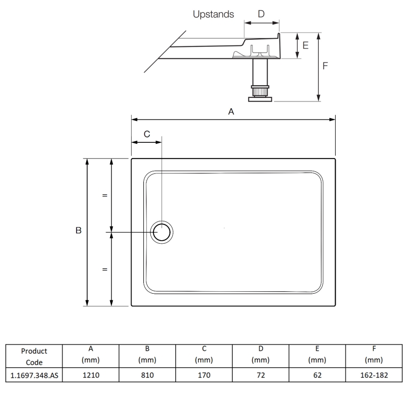 Mira Flight Safe 4 Upstand Anti-Slip Rectangular Shower Tray 1200mm x 800mm (inc Waste)