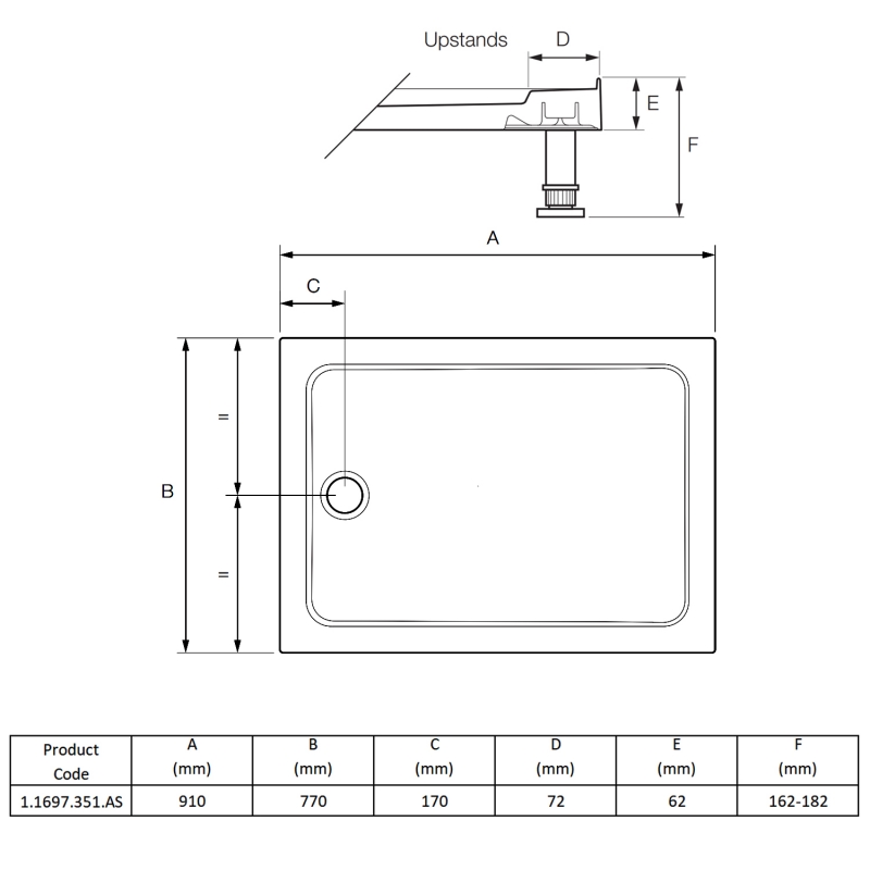 Mira Flight Safe 4 Upstand Anti-Slip Rectangular Shower Tray 900mm x 760mm (inc Waste)