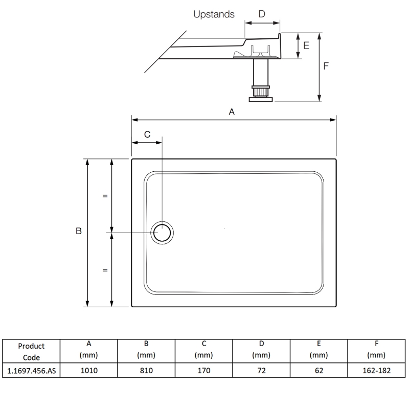 Mira Flight Safe 4 Upstand Anti-Slip Rectangular Shower Tray 1000mm x 800mm (inc Waste)  | Dimension Image