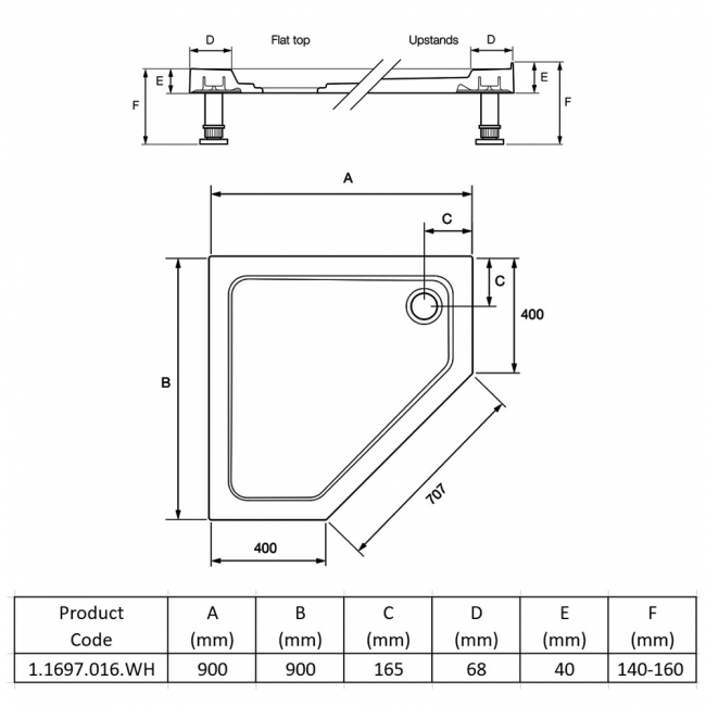 Mira Flight Low Pentagonal Shower Tray 900mm x 900mm (inc Waste)