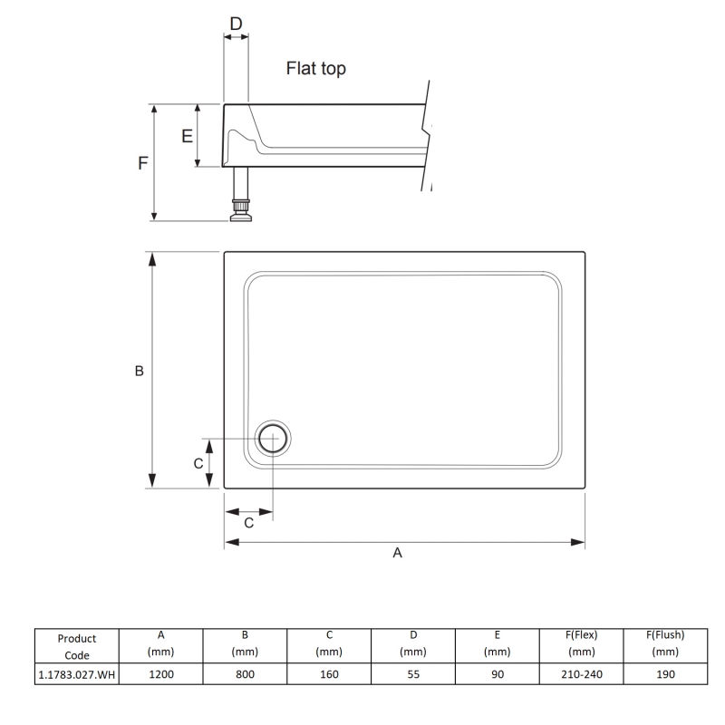 Mira Flight Rectangular Shower Tray 1200mm x 800mm (inc Waste)  | Dimension Image