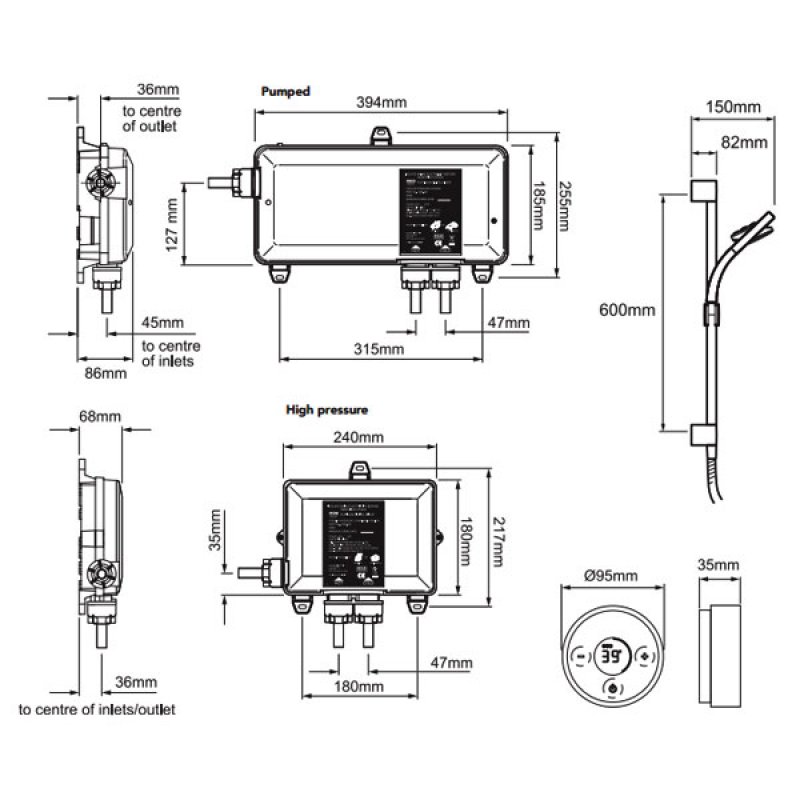 Mira Platinum HP Concealed Digital Shower with Fixed Head - Black/Chrome  | Dimension Image