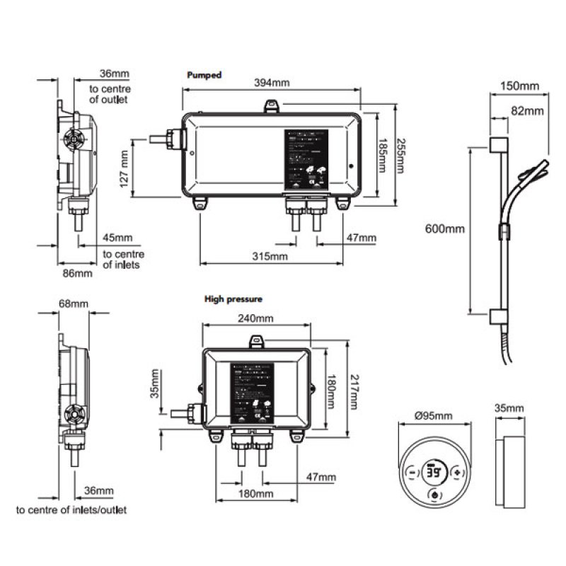 Mira Platinum Concealed Thermostatic Digital Shower Mixer with Rear Fed Pumped - Black/Chrome  | Dimension Image