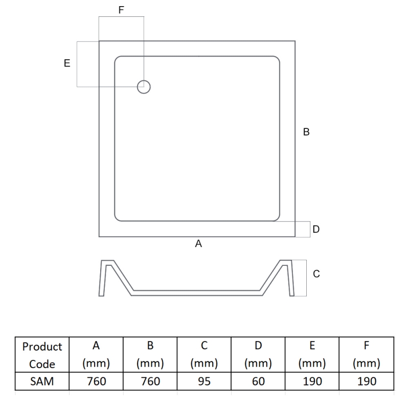 MX Classic High Wall Square Shower Tray 760mm x 760mm (inc Waste)  | Dimension Image