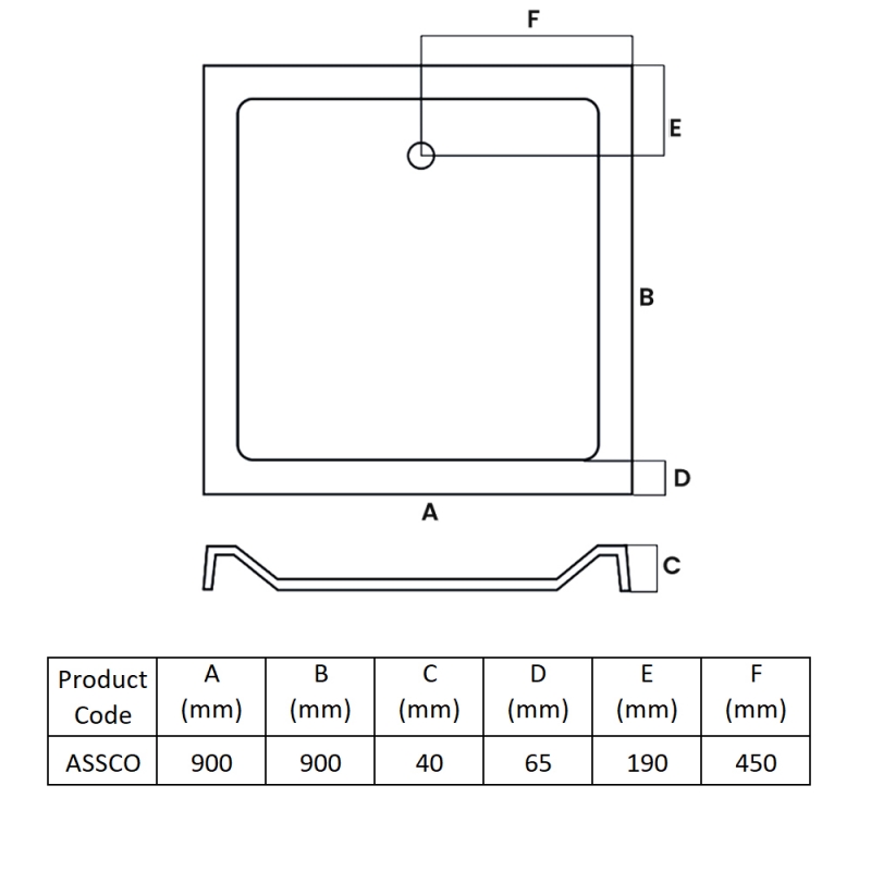 MX Elements Anti-Slip Square Shower Tray 900mm x 900mm (inc Waste)  | Dimension Image