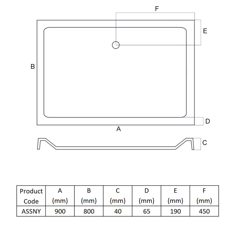 MX Elements Anti-Slip Rectangular Shower Tray 900mm x 800mm (inc Waste)  | Dimension Image