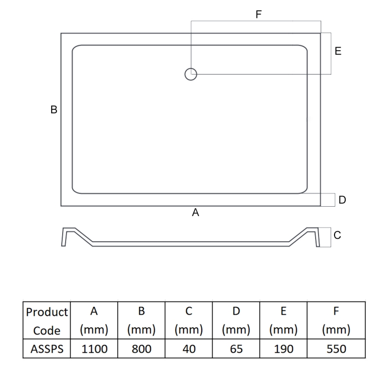 MX Elements Anti-Slip Rectangular Shower Tray 1100mm x 800mm (inc Waste)  | Dimension Image
