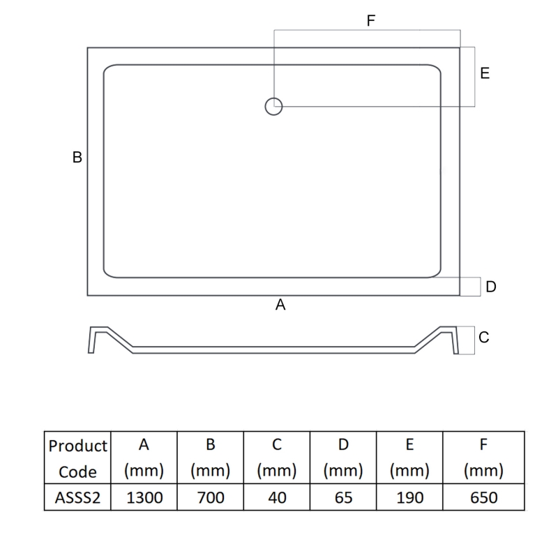 MX Elements Anti-Slip Rectangular Shower Tray 1300mm x 700mm (inc Waste)  | Dimension Image