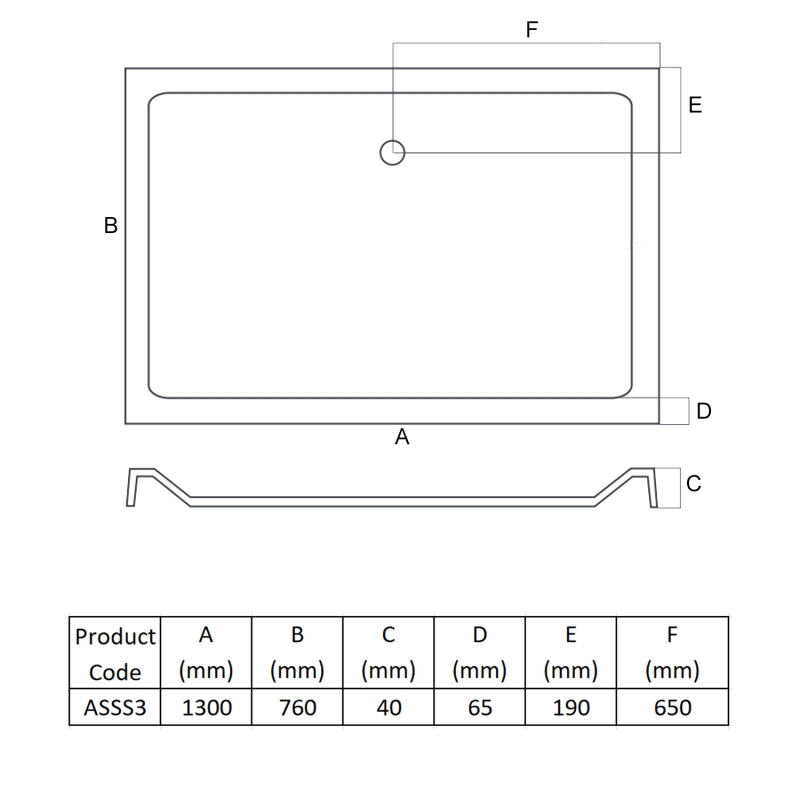 MX Elements Anti-Slip Rectangular Shower Tray 1300mm x 760mm (inc Waste)  | Dimension Image