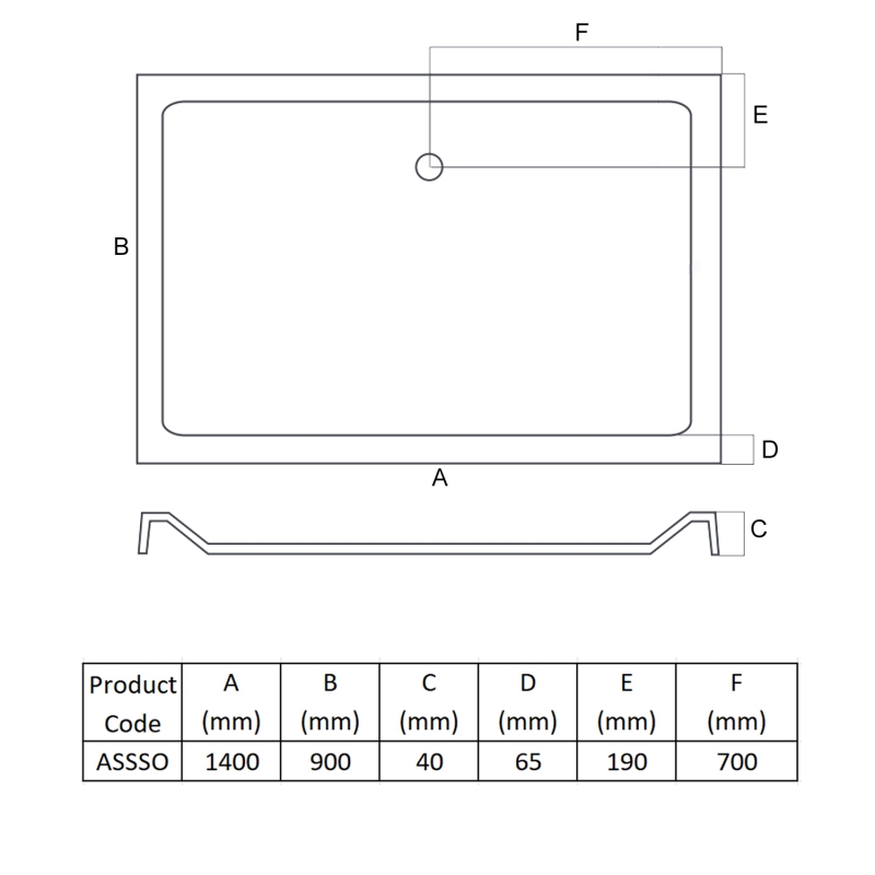 MX Elements Anti-Slip Rectangular Shower Tray 1400mm x 900mm (inc Waste)  | Dimension Image