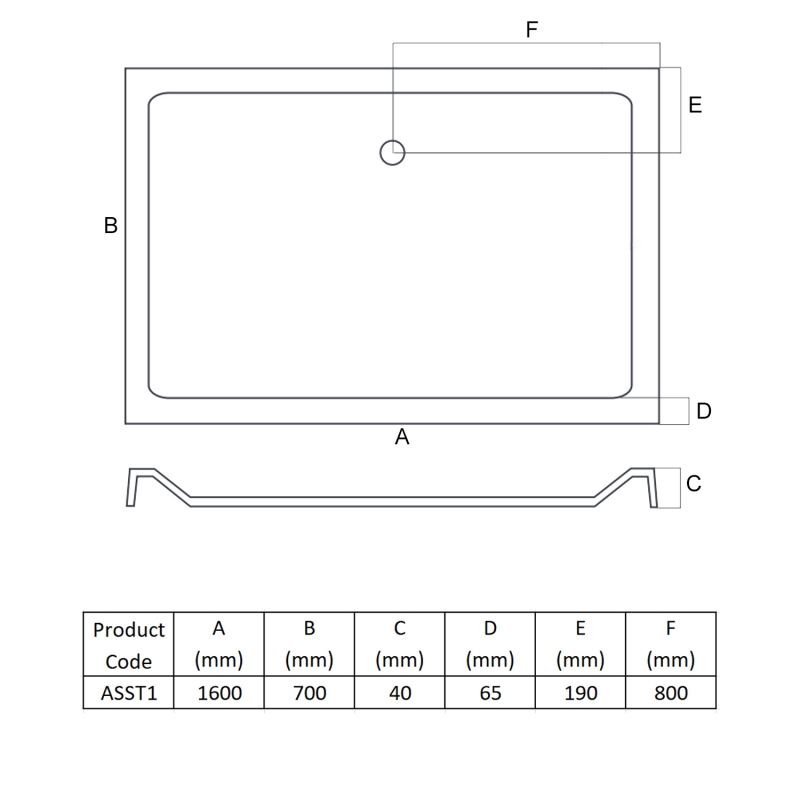 MX Elements Anti-Slip Rectangular Shower Tray 1600mm x 700mm (inc Waste)  | Dimension Image