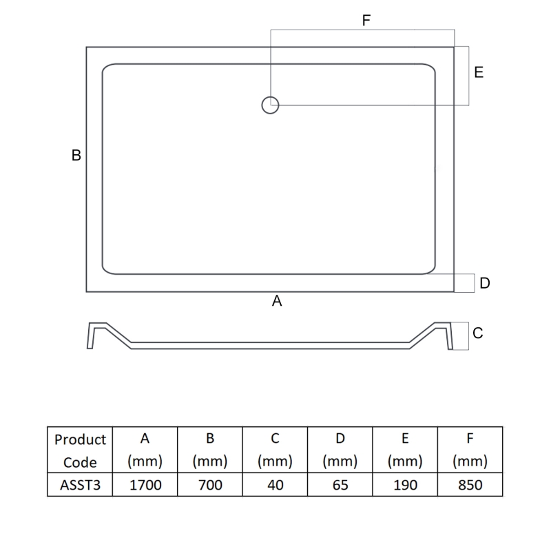 MX Elements Anti-Slip Rectangular Shower Tray 1700mm x 700mm (inc Waste)