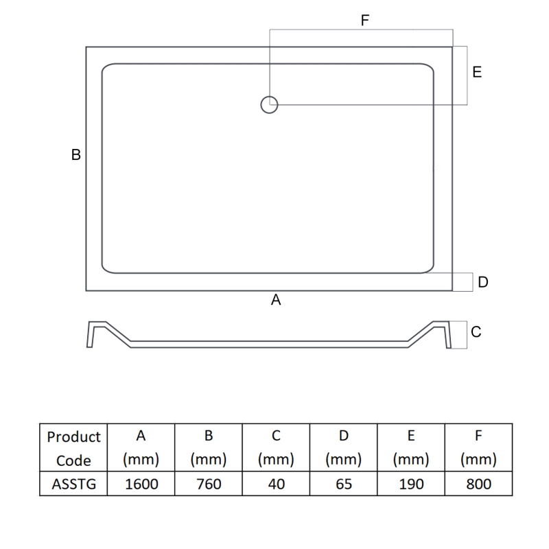 MX Elements Anti-Slip Rectangular Shower Tray 1600mm x 760mm (inc Waste)  | Dimension Image