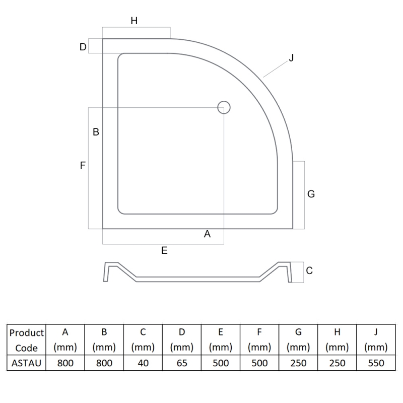 MX Elements Anti-Slip Quadrant Shower Tray 800mm x 800mm (inc Waste)  | Dimension Image
