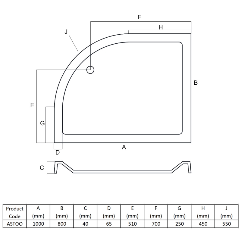 MX Elements RH Offset Quadrant Shower Tray 1000mm x 800mm ASTOO