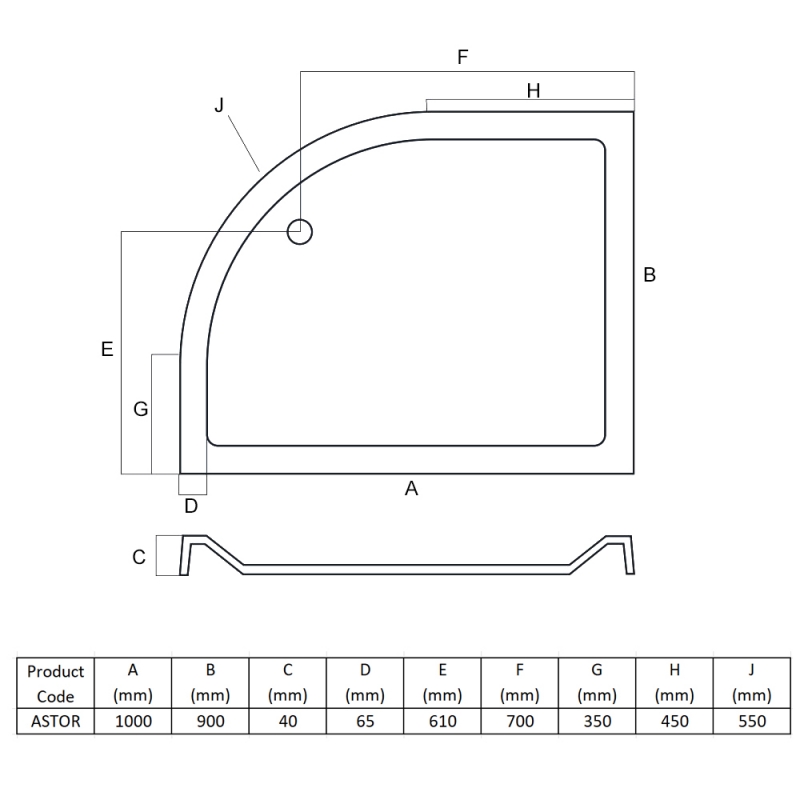 MX Elements Anti-Slip Offset Quadrant Shower Tray 1000mm x 900mm Right Handed (inc Waste)  | Dimension Image