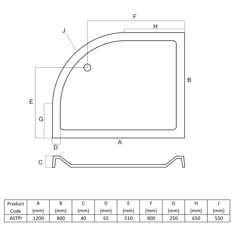 MX Elements Anti-Slip Offset Quadrant Shower Tray 1200mm x 800mm Right Handed (inc Waste)  | Dimension Image