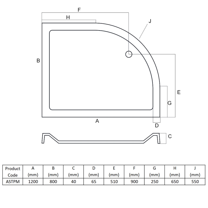 MX Elements Anti-Slip Offset Quadrant Shower Tray 1200mm x 800mm Left Handed (inc Waste)  | Dimension Image