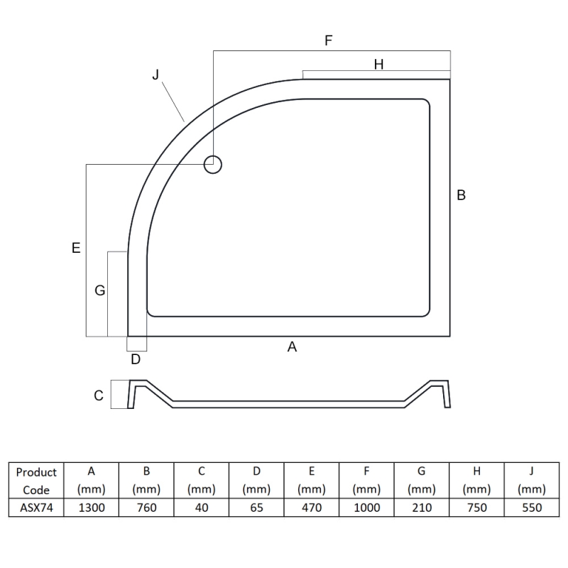 MX Elements Anti-Slip Offset Quadrant Shower Tray 1300mm x 760mm Right Handed (inc Waste)  | Dimension Image