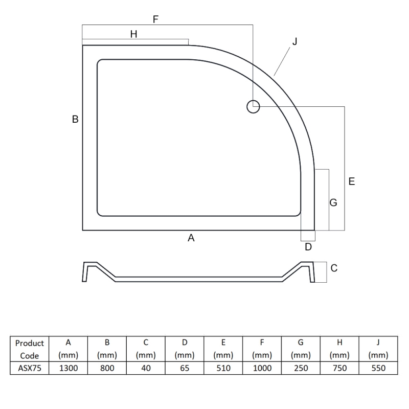 MX Elements Anti-Slip Offset Quadrant Shower Tray 1300mm x 800mm Left Handed (inc Waste)  | Dimension Image