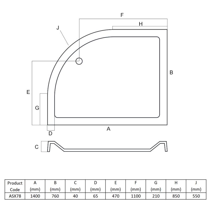 MX Elements Anti-Slip Offset Quadrant Shower Tray 1400mm x 760mm Right Handed (inc Waste)  | Dimension Image