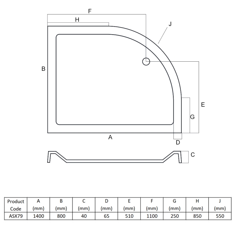 MX Elements Anti-Slip Offset Quadrant Shower Tray 1400mm x 800mm Left Handed (inc Waste)  | Dimension Image