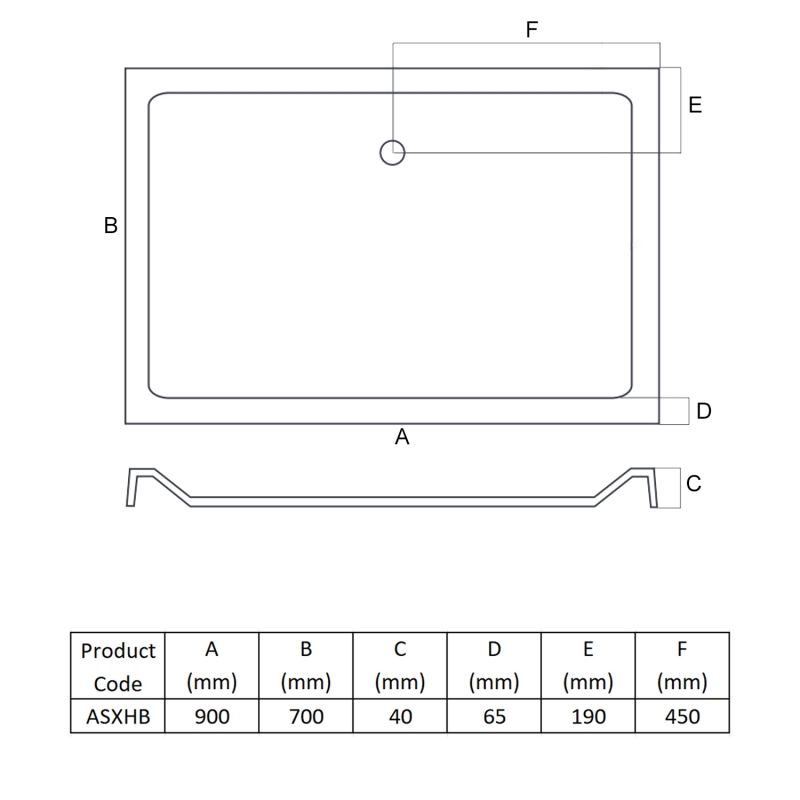 MX Elements Anti-Slip Rectangular Shower Tray 900mm x 700mm (inc Waste)  | Dimension Image