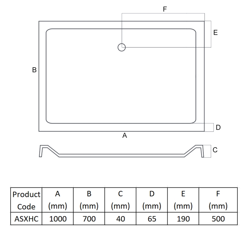 MX Elements Anti-Slip Rectangular Shower Tray 1000mm x 700mm (inc Waste)  | Dimension Image