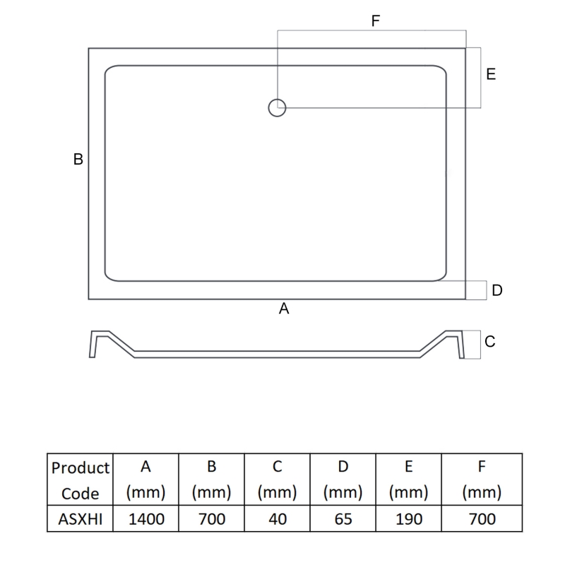 MX Elements Anti-Slip Rectangular Shower Tray 1400mm x 700mm (inc Waste)  | Dimension Image