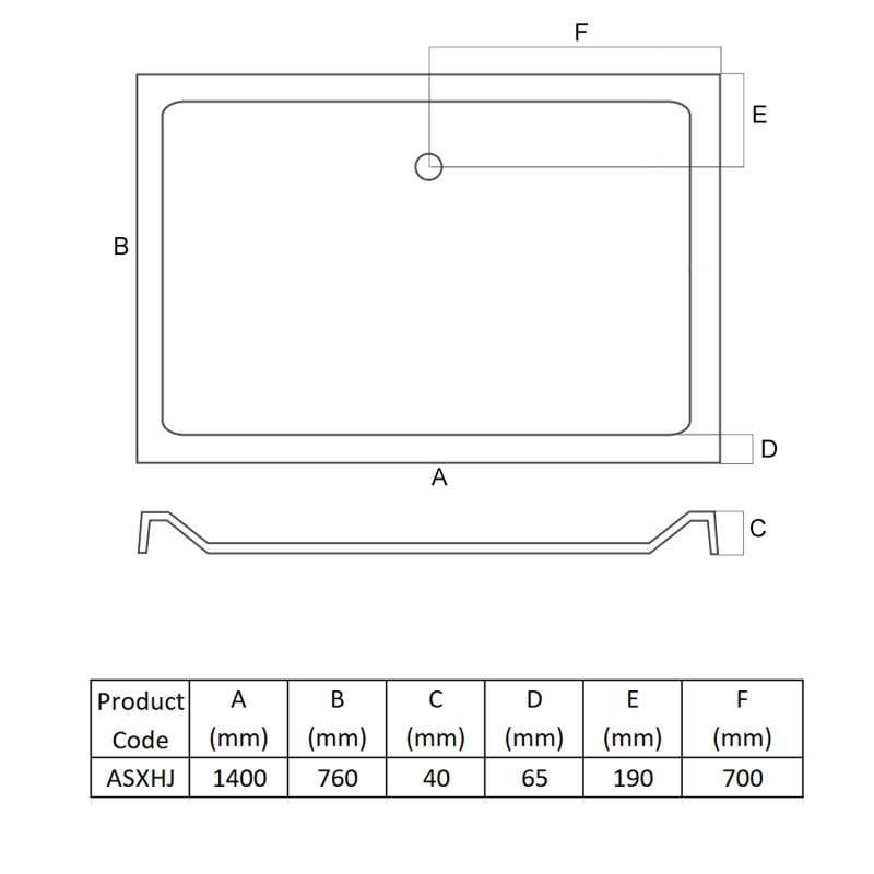 MX Elements Anti-Slip Rectangular Shower Tray 1400mm x 760mm (inc Waste)  | Dimension Image