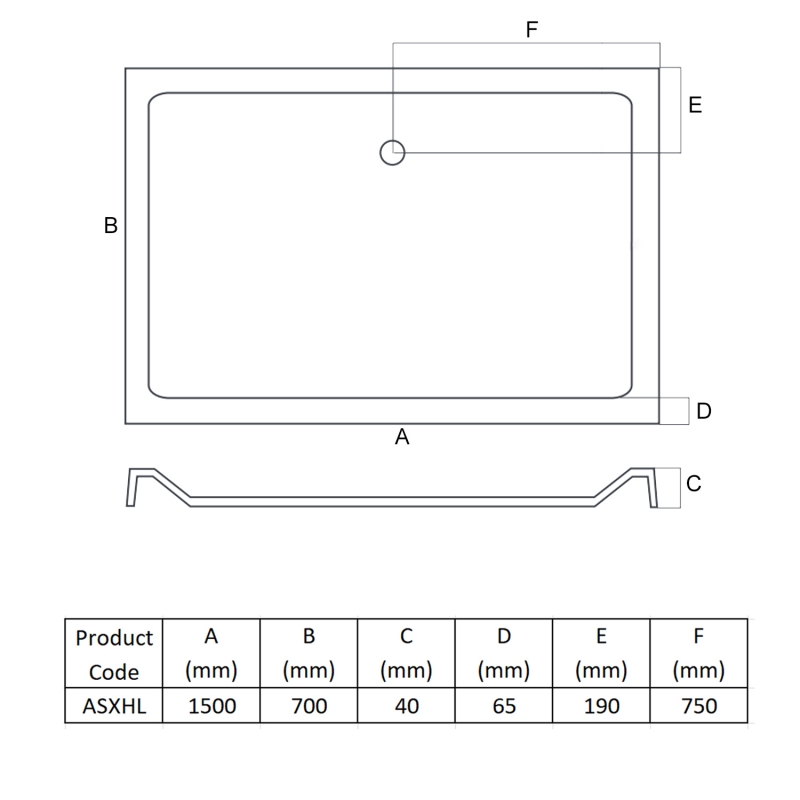 MX Elements Anti-Slip Rectangular Shower Tray 1500mm x 700mm (inc Waste)  | Dimension Image