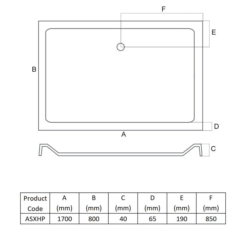 MX Elements Anti-Slip Rectangular Shower Tray 1700mm x 800mm (inc Waste)  | Dimension Image