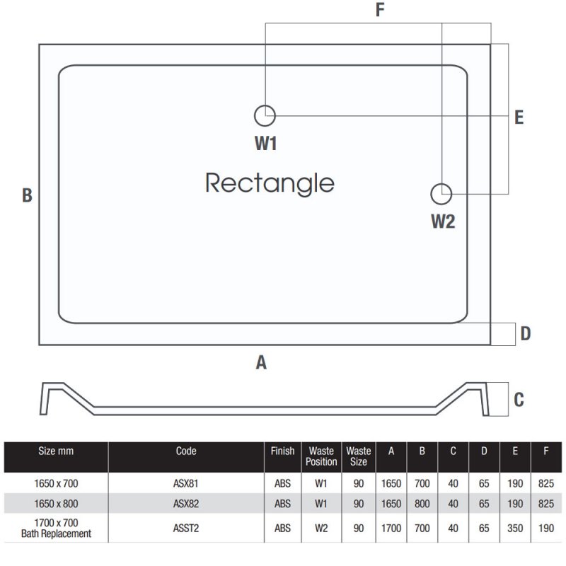 MX Elements Rectangular Shower Tray 1650mm x 800mm ASX82