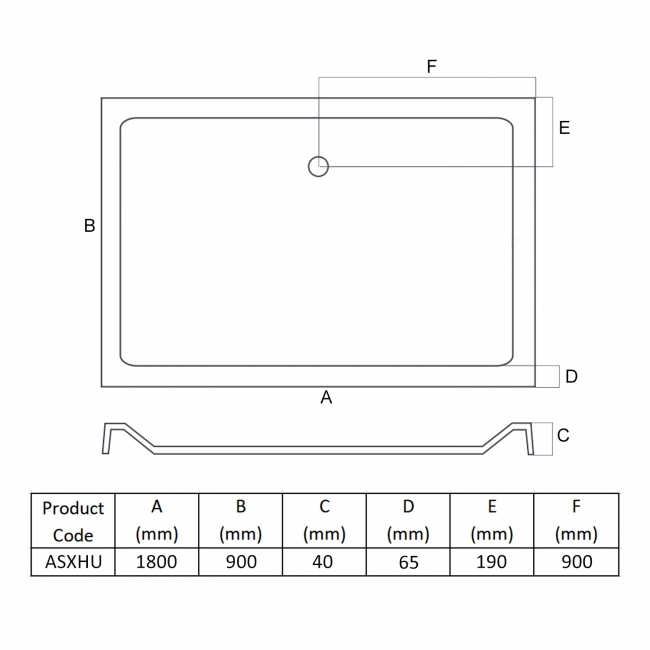 MX Elements Anti-Slip Rectangular Shower Tray 1800mm x 900mm (inc Waste)  | Dimension Image