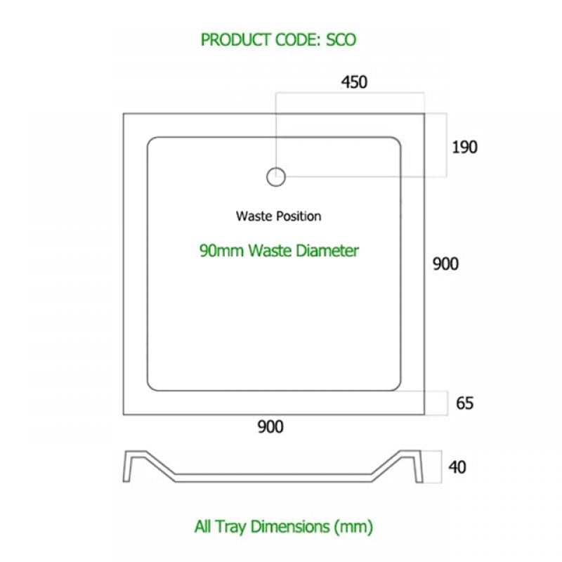 MX Elements Square Shower Tray with Waste 900mm x 900mm Flat Top