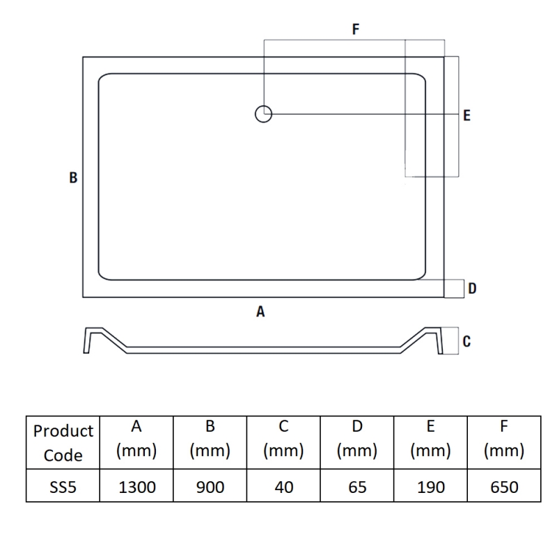 MX Elements Rectangular Shower Tray 1300mm x 900mm (inc Waste)  | Dimension Image
