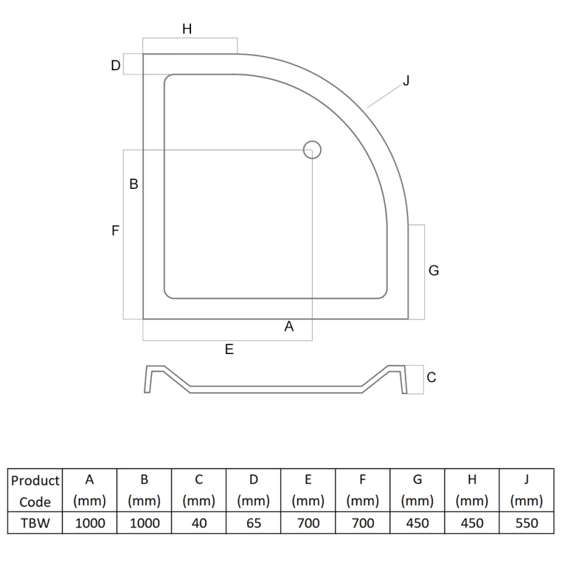 MX Elements Quadrant Shower Tray 1000mm x 1000mm (inc Waste)  | Dimension Image