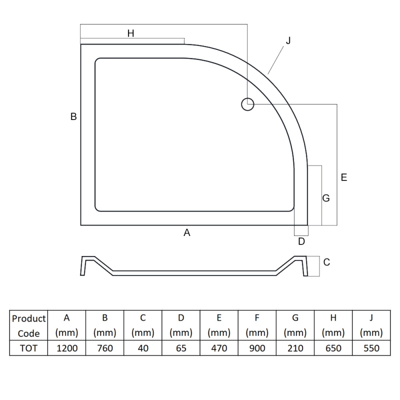 MX Elements Offset Quadrant Shower Tray 1200mm x 760mm Left Handed (inc Waste)  | Dimension Image