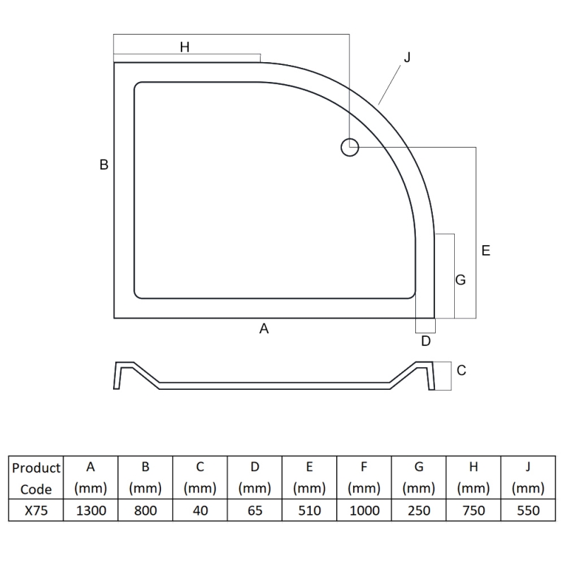 MX Elements Offset Quadrant Shower Tray 1300mm x 800mm Left Handed (inc Waste)  | Dimension Image