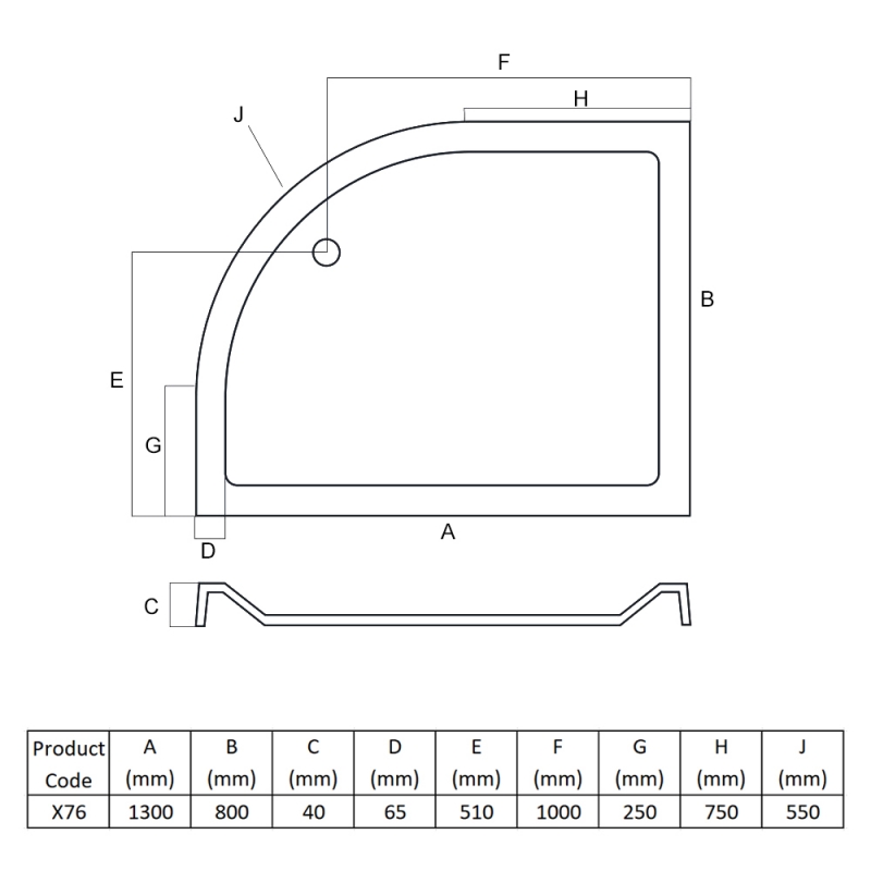 MX Elements Offset Quadrant Shower Tray 1300mm x 800mm Right Handed (inc Waste)  | Dimension Image