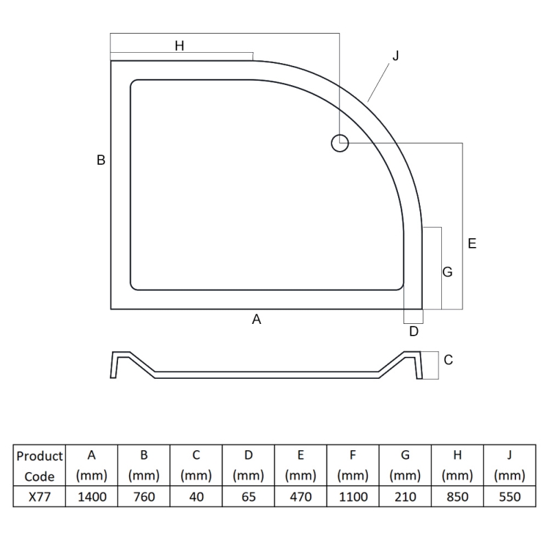 MX Elements Offset Quadrant Shower Tray 1400mm x 760mm Left Handed (inc Waste)  | Dimension Image
