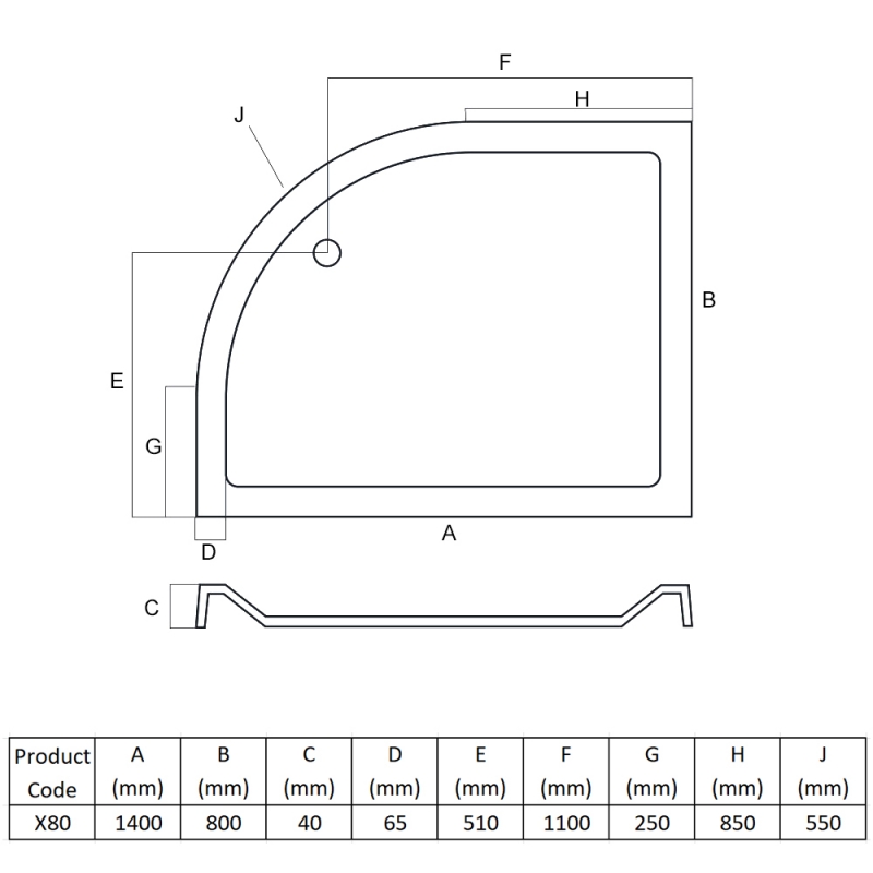 MX Elements Offset Quadrant Shower Tray 1400mm x 800mm Right Handed (inc Waste)  | Dimension Image