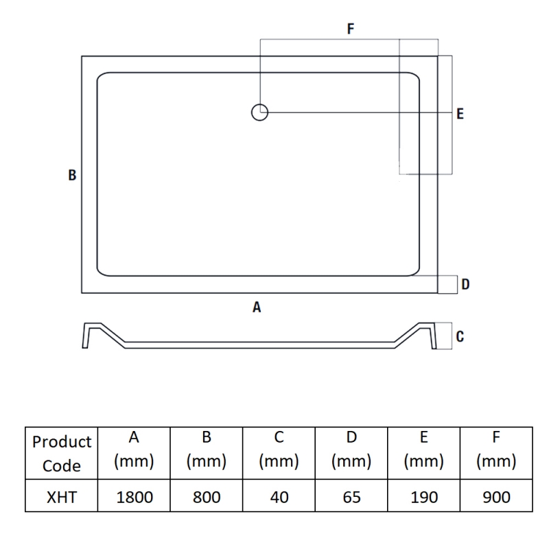 MX Elements Rectangular Shower Tray 1800mm x 800mm (inc Waste)  | Dimension Image