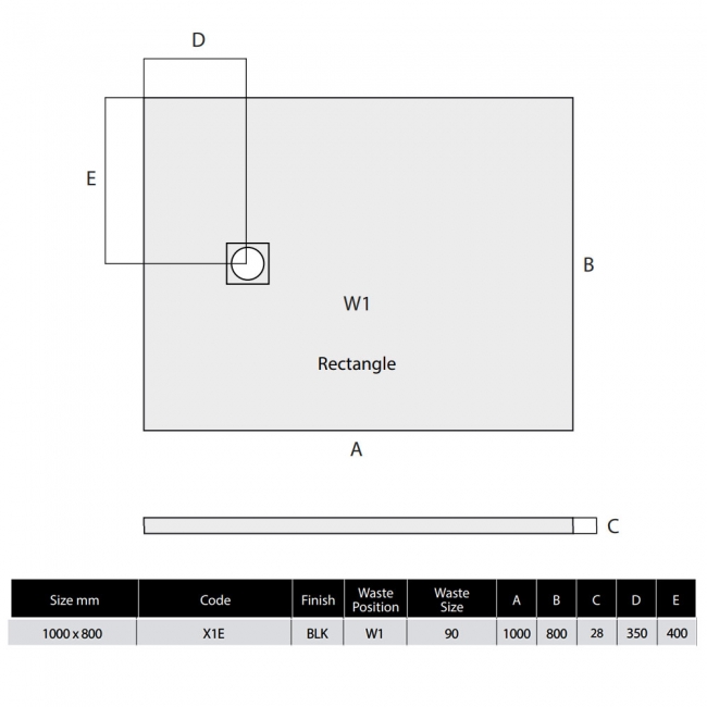 MX Minerals Jet Black Slate Effect Rectangular Shower Tray 1000mm x 800mm