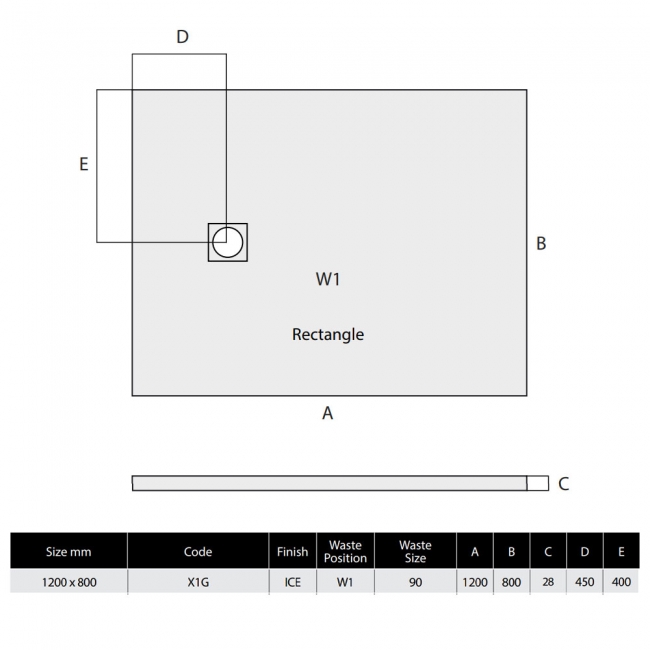 MX Minerals Ice White Slate Effect Rectangular Shower Tray 1200mm x 800mm  | Dimension Image