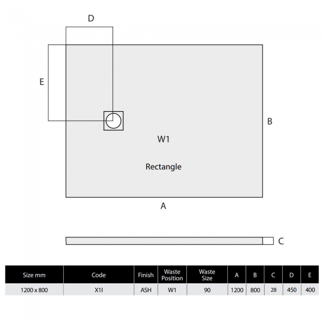 MX Minerals Ash Grey Slate Effect Rectangular Shower Tray 1200mm x 800mm  | Dimension Image